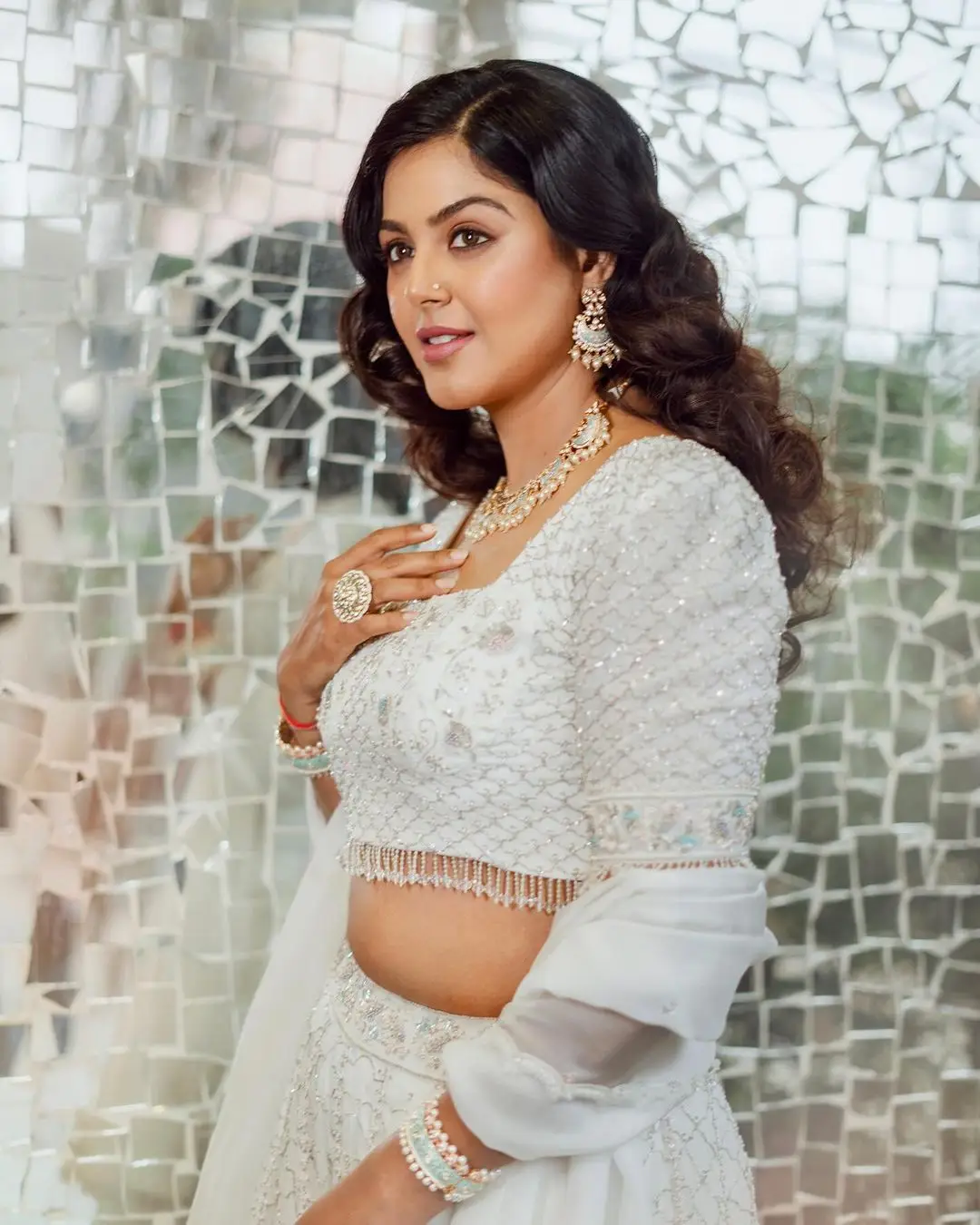 Monal Gajjar Wearing Traditional White Lehenga Choli